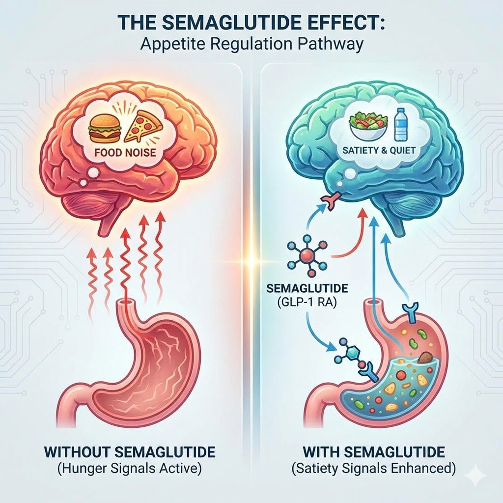 : Split-screen illustration titled "The Semaglutide Effect" comparing a brain experiencing "Food Noise" and hunger signals on the left against a brain experiencing "Satiety & Quiet" on the right due to GLP-1 receptor activation.