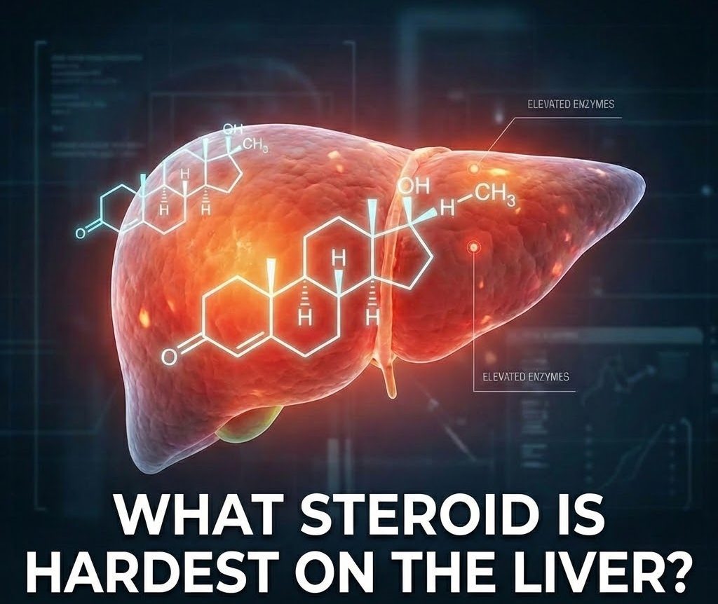 3D medical rendering of a human liver glowing with inflammation markers and overlaid with steroid chemical structures.