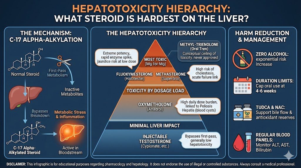 Infographic titled 'Hepatotoxicity Hierarchy' ranking the liver toxicity of steroids like Halotestin, Superdrol, and Anadrol versus Injectable Testosterone.