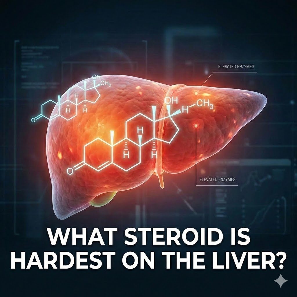 3D medical rendering of a human liver glowing with inflammation markers and overlaid with steroid chemical structures.