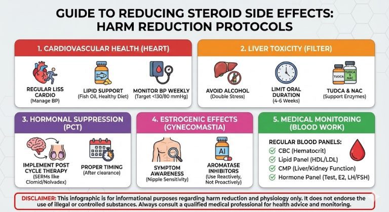 Infographic guide titled "Guide to Reducing Steroid Side Effects," detailing protocols for cardiovascular health, liver toxicity, and hormonal suppression.