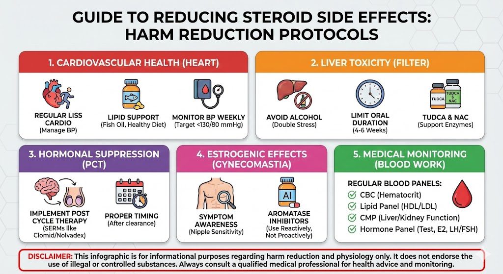 Infographic guide titled "Guide to Reducing Steroid Side Effects," detailing protocols for cardiovascular health, liver toxicity, and hormonal suppression.