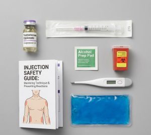 A flat-lay photograph of an injection safety kit containing a vial of Testosterone Cypionate, a 27G syringe, an alcohol prep pad, a sharps container, a thermometer, a gel pack, and a safety guide booklet.