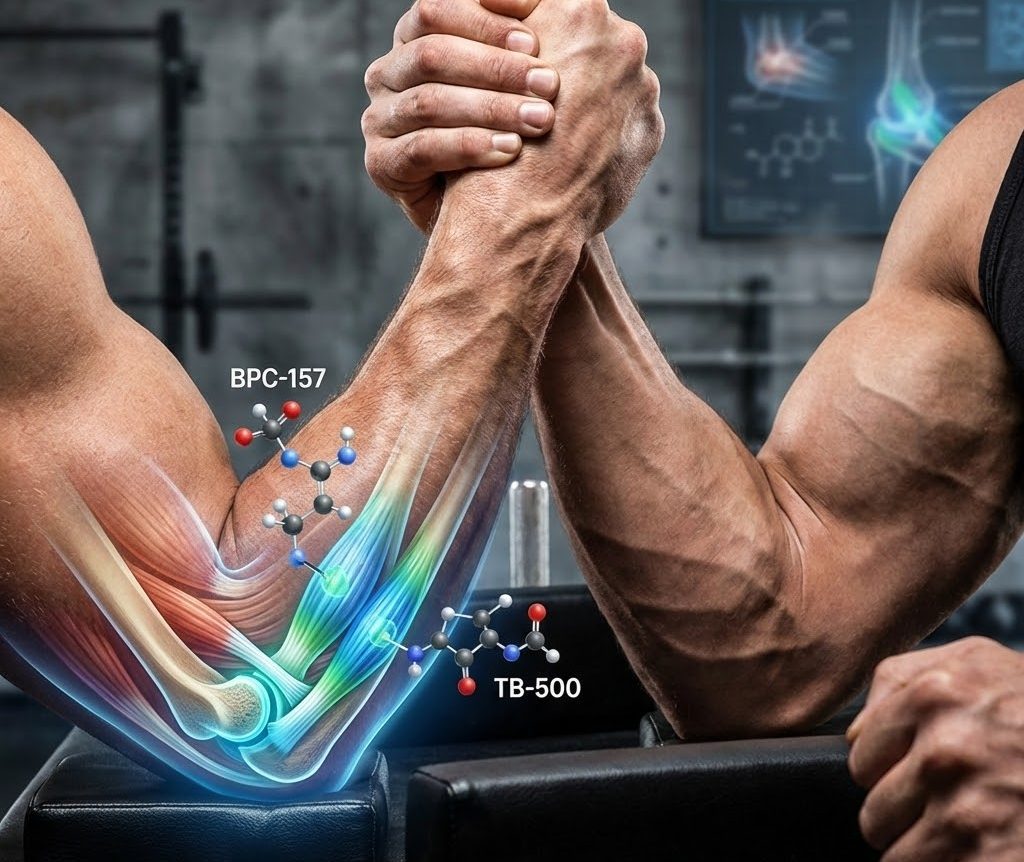 Infographic titled "Using BPC-157 & TB-500 for Armwrestling" displaying three panels: the problem of avascular tendons, the synergistic repair mechanisms of the stack, and common dosage protocols for acute injury and maintenance.