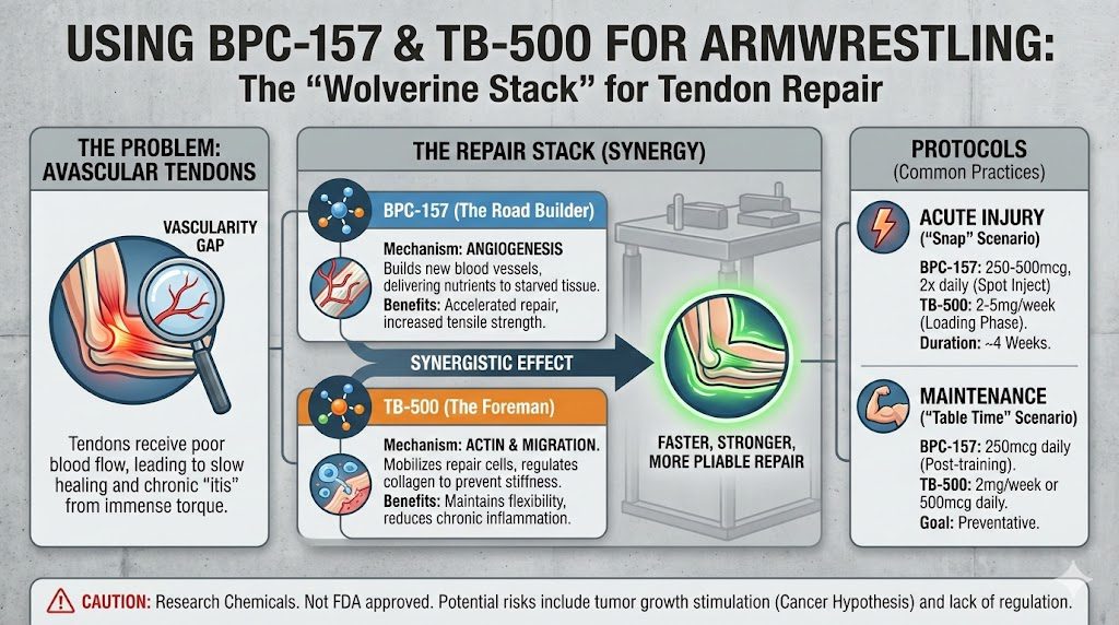 A close-up of two muscular arms armwrestling with a digital overlay revealing elbow anatomy and peptide structures labeled BPC-157 and TB-500.