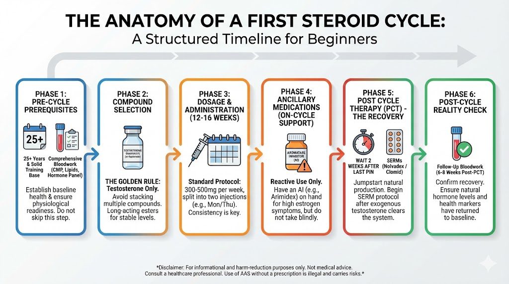 Infographic titled 'The Anatomy of a First Steroid Cycle: A Structured Timeline for Beginners' outlining a 6-phase protocol from pre-cycle bloodwork to post-cycle recovery.