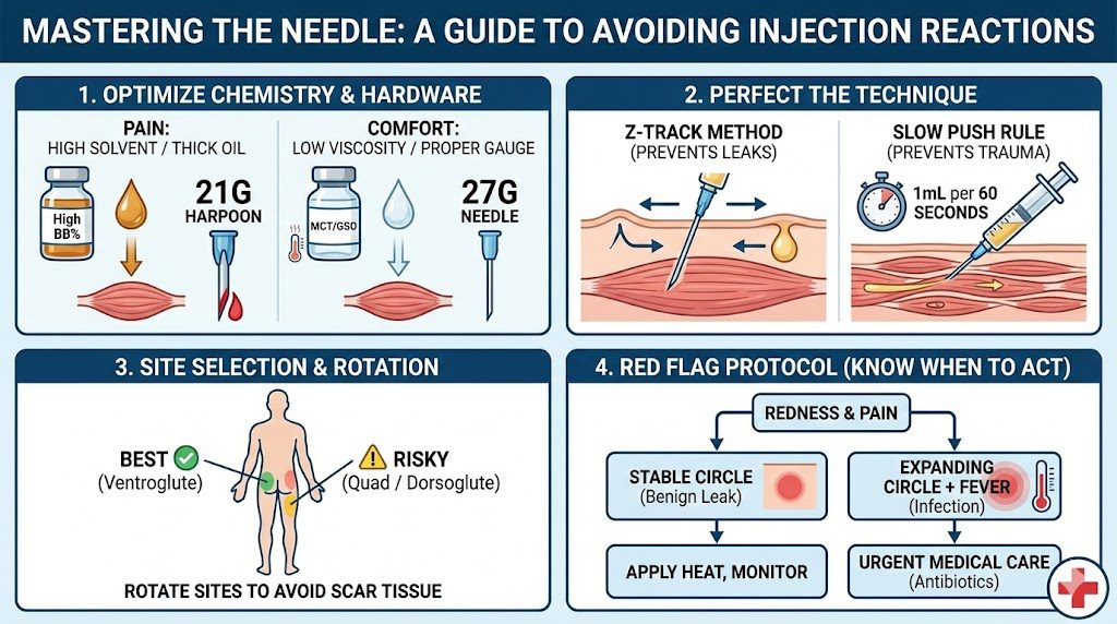 Infographic titled 'Mastering the Needle: A Guide to Avoiding Injection Reactions' featuring four panels: optimizing chemistry and hardware, perfecting the Z-track technique, site selection, and a 'Red Flag' decision tree for infections.