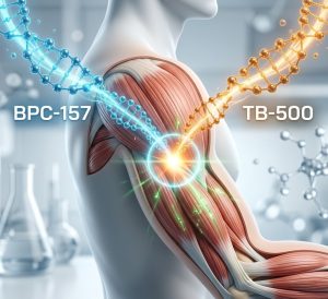 3D illustration of human arm musculature demonstrating the Wolverine Stack, showing BPC-157 and TB-500 peptide strands converging on a targeted area to accelerate tissue repair.