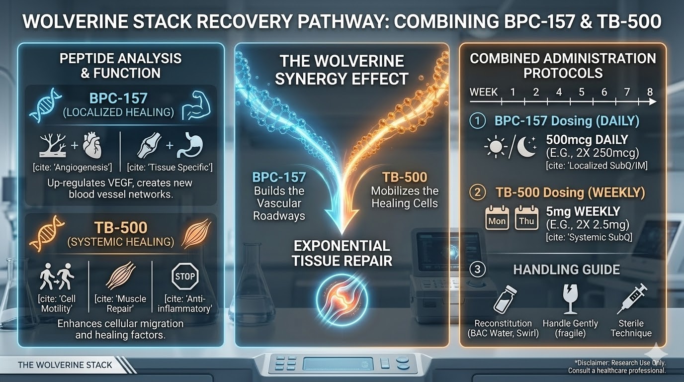 Infographic explaining the Wolverine Stack recovery pathway, detailing the functions, synergistic effects, and administration protocols for combining BPC-157 and TB-500 peptides.
